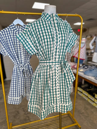 Hunter Green Honeyfield Gingham Scallop Trim Belted Mini Dress