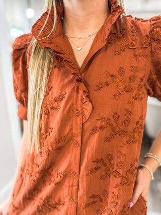 Caramel Adorned in Ivy Vine Applique Button-down Dress