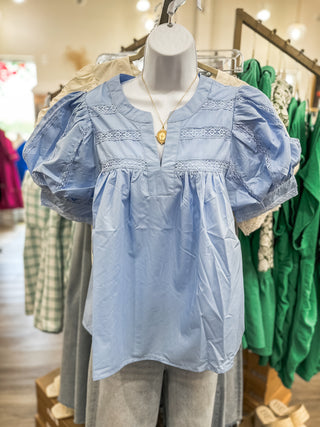 Carolina Blue Darling Delight Details Puff Sleeve Blouse