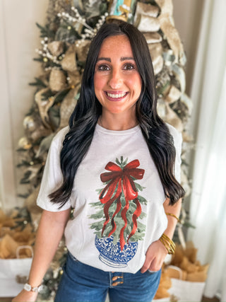 Blue Vintage Potted Bow Tree Christmas Graphic Tee