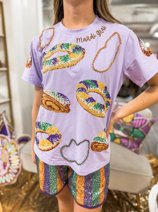 PRE-ORDER: Adult Queen of King Cake Season Sequin & Bead Detail Luxe Tee