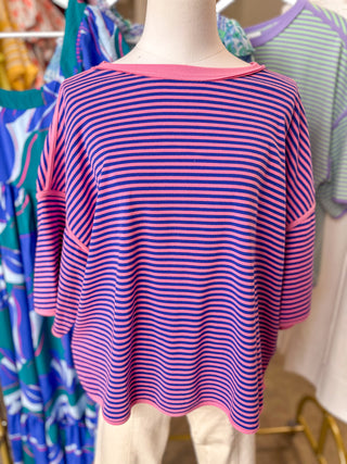 Pink/Royal Blue Casual Cravings Striped Oversized Knit Top