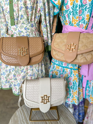 Woven Tan Griffin Crossbody Bag | Caroline Hill