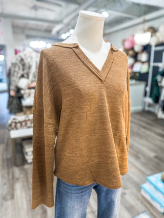 Almond Solid Notch Neck Knit LS Top