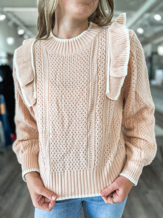 Chelsea's Blush/Ivory Ruffle Shoulder Detail Long Sleeve Sweater Top