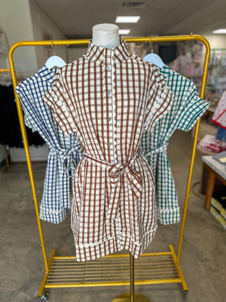 Brown Honeyfield Gingham Scallop Trim Belted Mini Dress