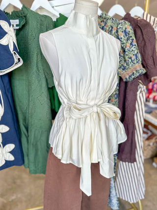 Cream Tailored to Simplicity Tie Waist Sleeveless Top