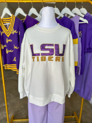 White Sarah LSU Large Logo Sequin Sweatshirt