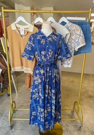 Charming In Blue Floral Tie Waist Midi Dress