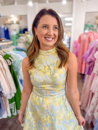 Lemon Skies Vibrant Floral Jacquard Halter Neck Mini Dress