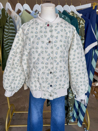 Ivory & Blue Porcelain Petals Oversized Quilted Floral Jacket