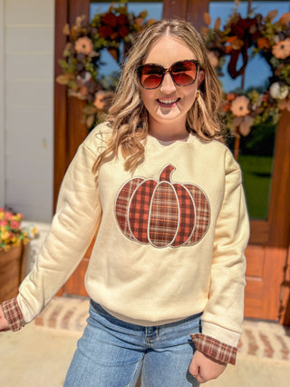 Ecru Plaid Pumpkin Patchwork Sweater