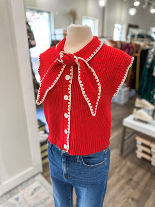 Red Margot Bow Knit Sleeveless Sweater Top