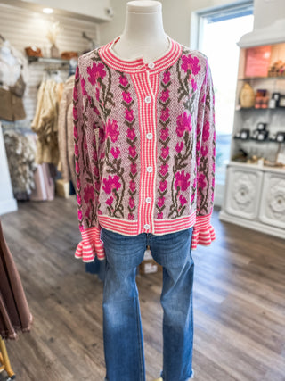 Pink Flowering Charm Button Up Sweater Cardigan