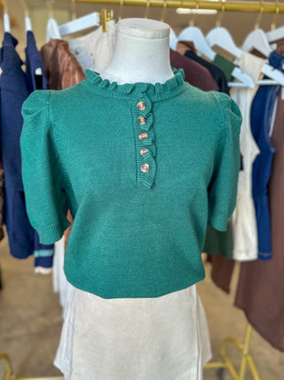 Sea Green Feminine Edge Puff Sleeve Sweater