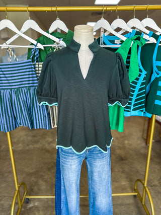 Forest Green Perfectly Scalloped Contrast Trim Top
