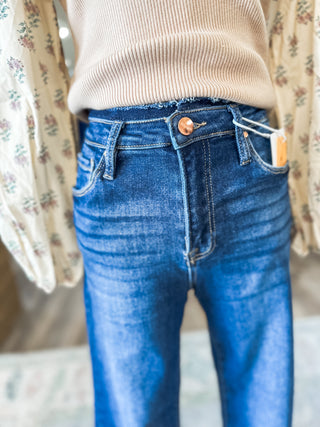 Sutton Dark Wash High Rise Crop Flare Jeans -- Risen