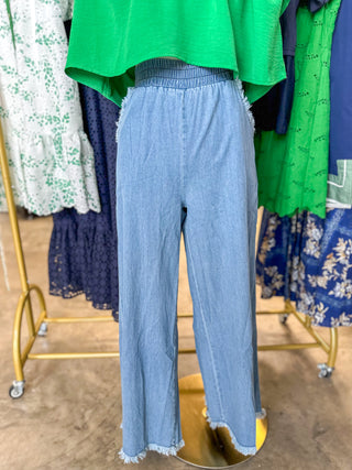 Light Denim Frayed & Free Wide Leg Pants