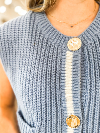 Midnight Blue Varsity Stripe Gold Metal Button Sleeveless Sweater