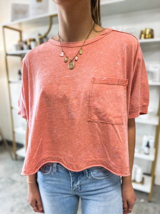 Coral Comfy Acid Washed Relaxed Fit Shoulder Tees