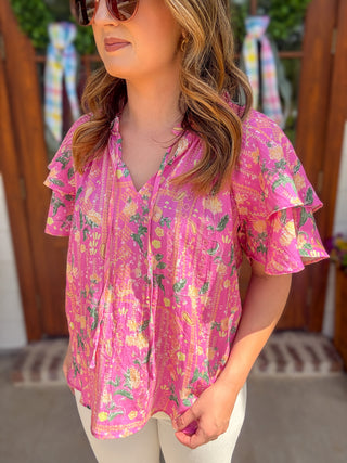 Pink Citrus Spritz Short Ruffled Sleeve Top