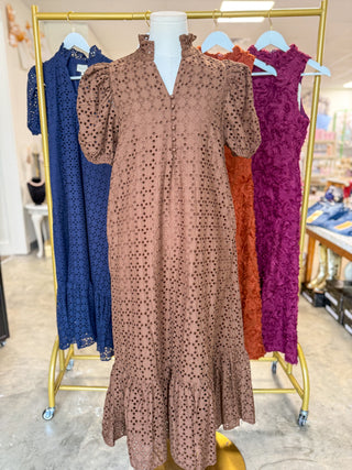 Brown Sweet Eyelet Moments Midi Dress