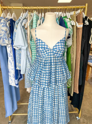 Sky Blue Gingham Midi Skirt Set