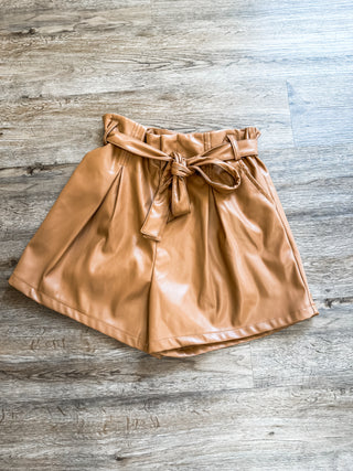 Camel Leather Bow Shorts