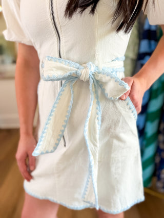 The Cloud Nine Trim White Zip Mini Dress