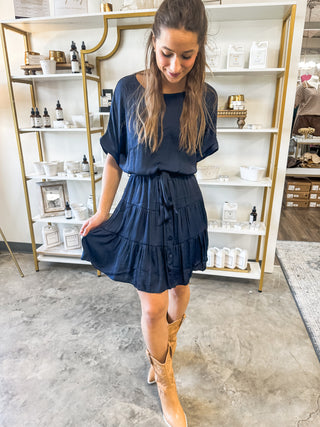 Midnight Still Falling for You Short Sleeve Tiered Mini Dress