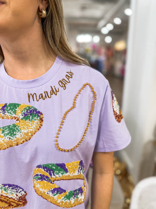 PRE-ORDER: Adult Queen of King Cake Season Sequin & Bead Detail Luxe Tee