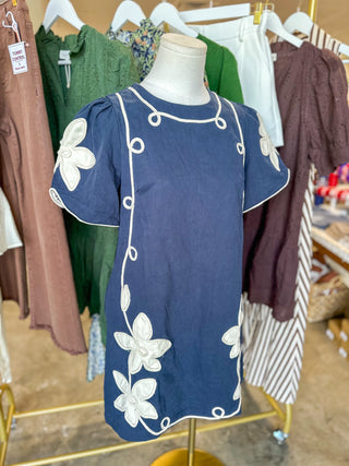 Navy & Ivory Vine Embroidered Mini Dress