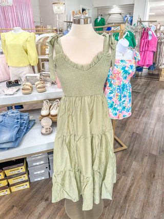 Light Sage Serenade Sweetheart Neck Tie Strap Smocked Tiered Maxi Dress