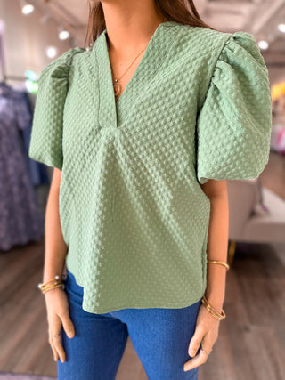 Sage Seaside Bliss Polka Dot Textured Puff Sleeve V Neck Top