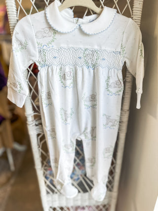 Blue Lamb Print Smocked Footie