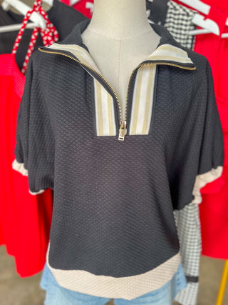 Black & Cream Clubhouse Quarter Zip Mock Neck Top