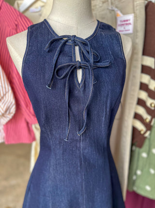 Dark Denim Darling Tie Neck Flare Mini Dress