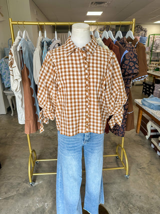 Caramel Gingham Picnic Scallop Trim Blouse