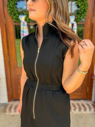 Black On the Move Scallop Zip Mini Dress