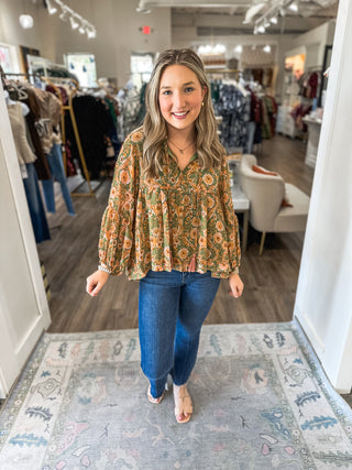 Olive Multi Floral Boho Tassel Blouse