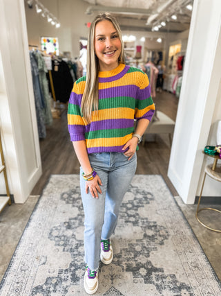 Parading Around Mardi Gras Stripe Hacci Knit Half Sleeve Top