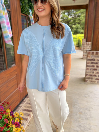 Blue Butterfly Wing Embroidered Short Sleeve Top