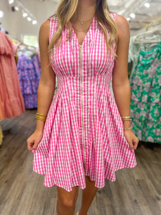 Pink Zip Into Spring Gingham Mini Dress