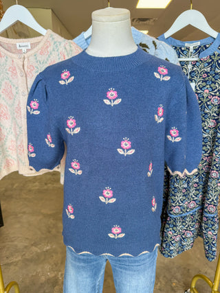 Mae Girl Blue Half Sleeve Finely Embroidered Sweater Top