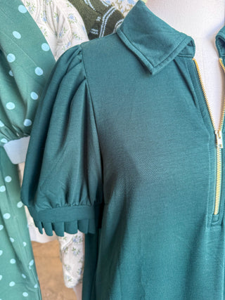 Hunter Green Pretty In Pleats Half Zip Mini Dress