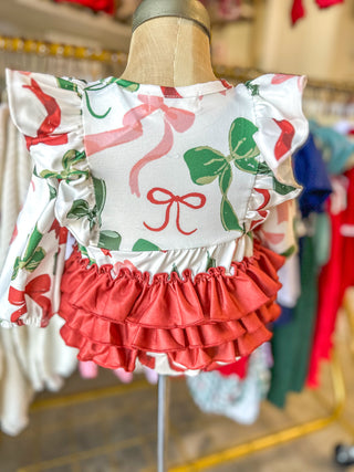 Holiday Print Christmas Bows Ruffles Girl Romper