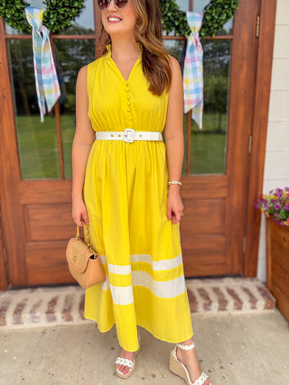 Lemon Coastal Elegance Belted Midi Dress