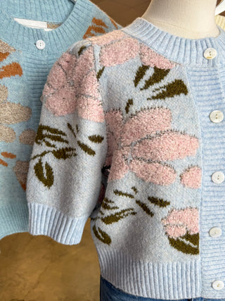 Powder Blue Pink Petal & Knit Short Sleeve Cardigan