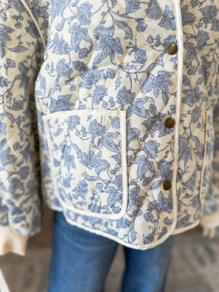Blue Tied Into Spring Floral Print Quilted Jacket