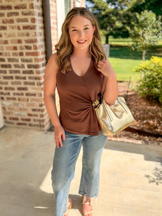 Brown Gathered & Gold V-Neck Top